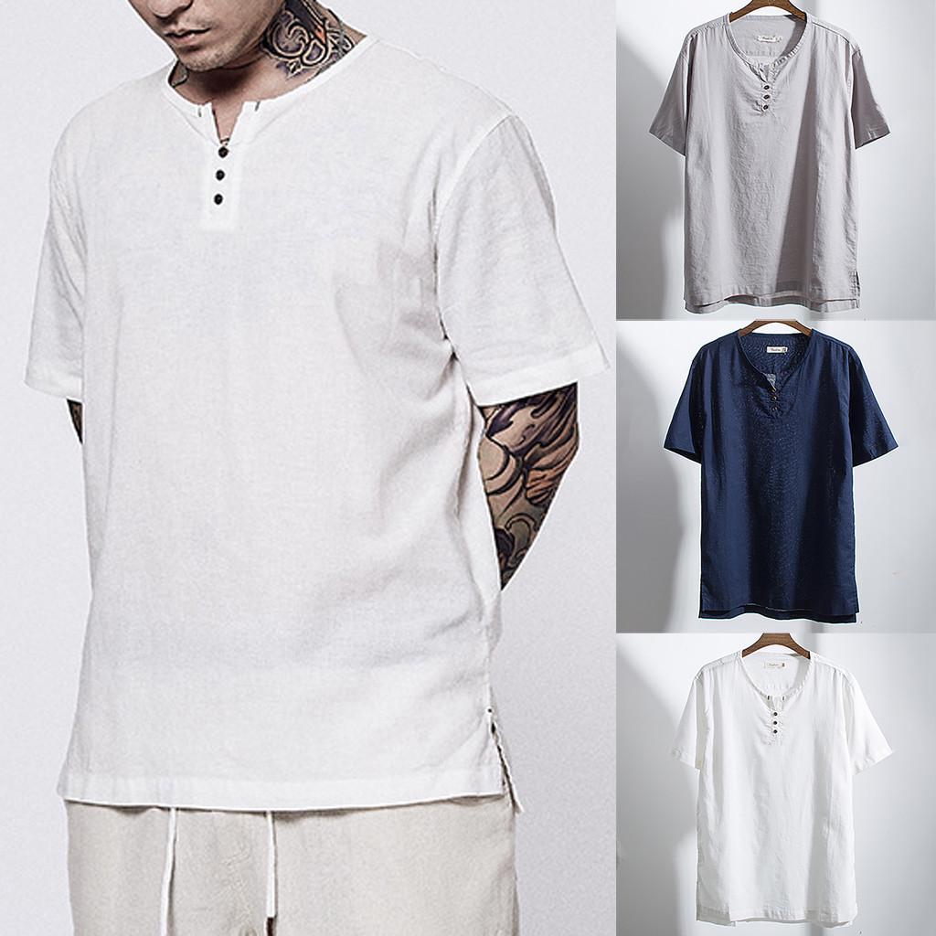 Buy Men's Fashion Short Sleeve Cotton Linen Solid ColorRetro T Shirts