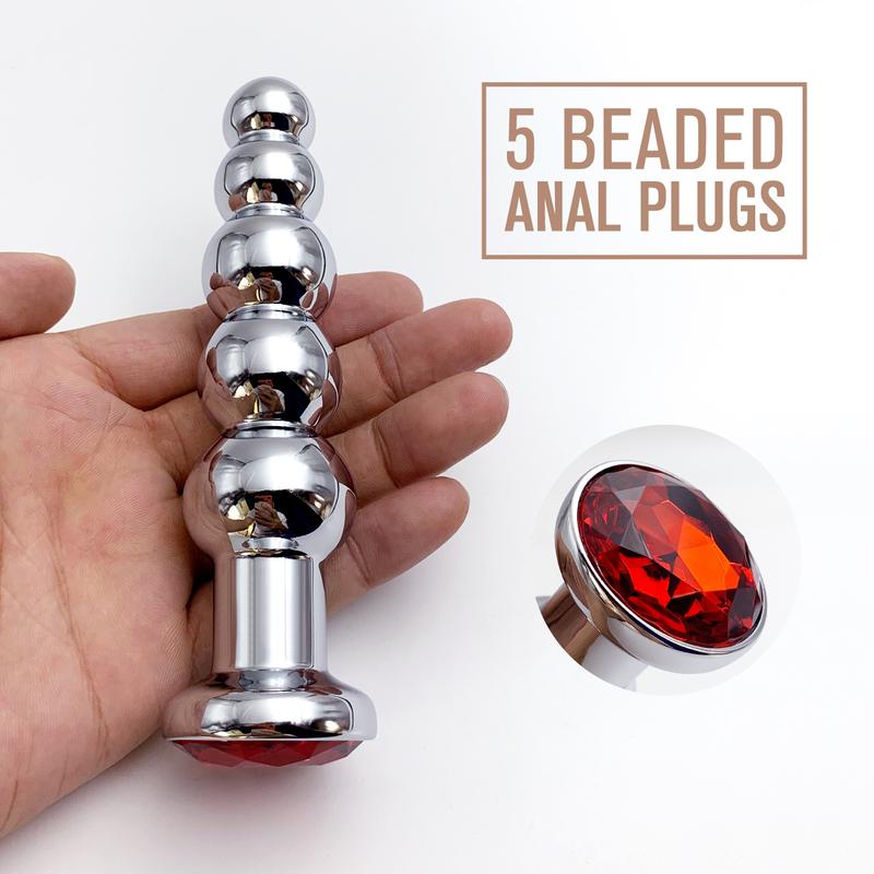 Metal Anal Plug 5 Bead Anal Dilator Jewel Base Butt Plug G-Point Massage Adult Pleasure Sex Toy for Sexual Wellness