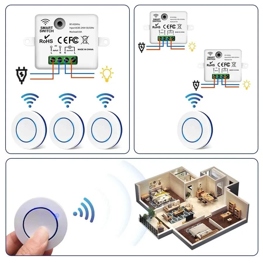 Comutator de lumină wireless RF 433MHz 220V 110V 10A Controler cu releu Mini buton rotund Comutator panou de perete Telecomandă pentru lampă LED