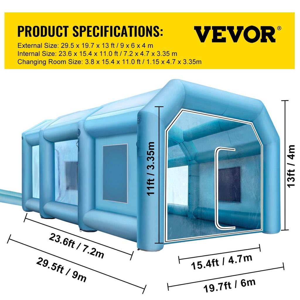 Inflatable Spray Booth Car Paint Tent 9 x 6 x 4 m W/ Filter & 2 Blowers