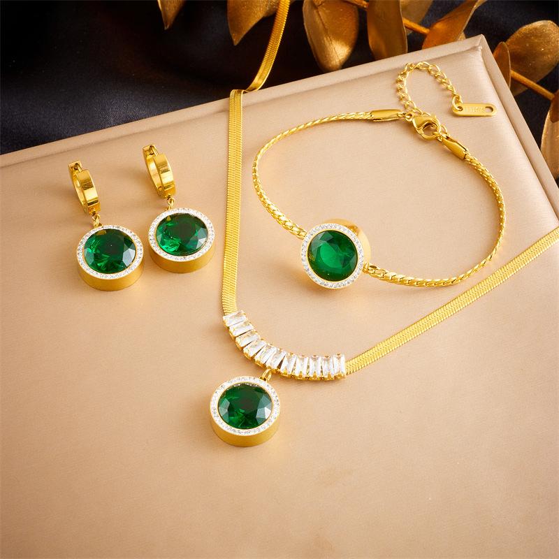 Gold Emerald Green Cz Jewelry Set: Necklace, Bracelet, and Earrings