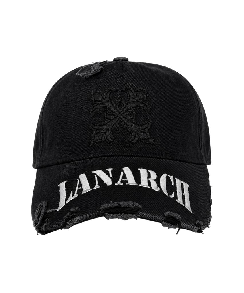 LANARCHIVE [8017] Leather Applique Vintage Ball Cap - Black (White)