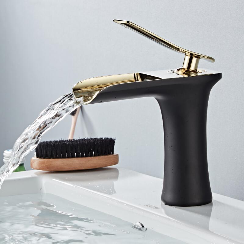 BLACK GOLDEN Basin Faucet Cold and Hot Water Waterfall Bathroom Faucet Single handle Basin Mixer Tap Deck Mount Torneira
