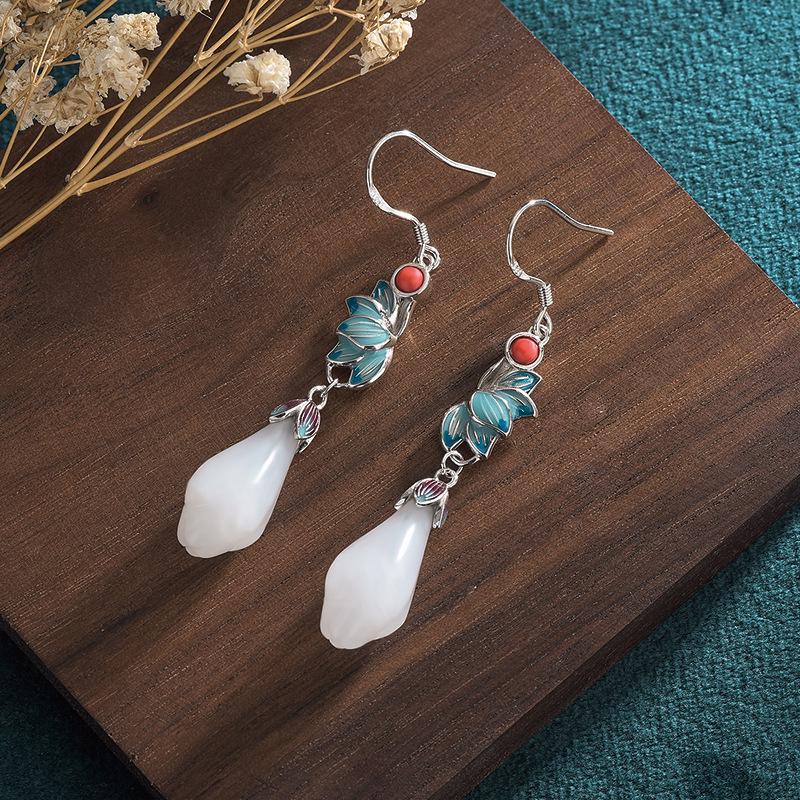 Chinese Retro Style Enamel Earrings with Imitation Hetian Jade Lotus in 925 Sterling Silver for Women