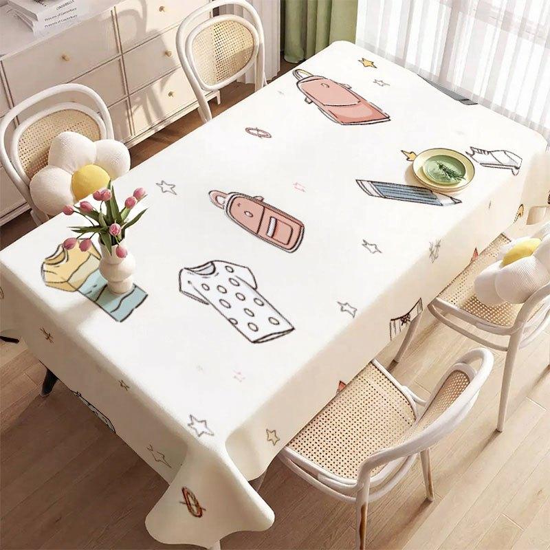 2D Flat 1pc Soft Fashion Cartoon Clothing Stationery Pattern Tablecloth | Polyester Material, Machine Washable, Suitable for Dining Table, Coffee Tabl