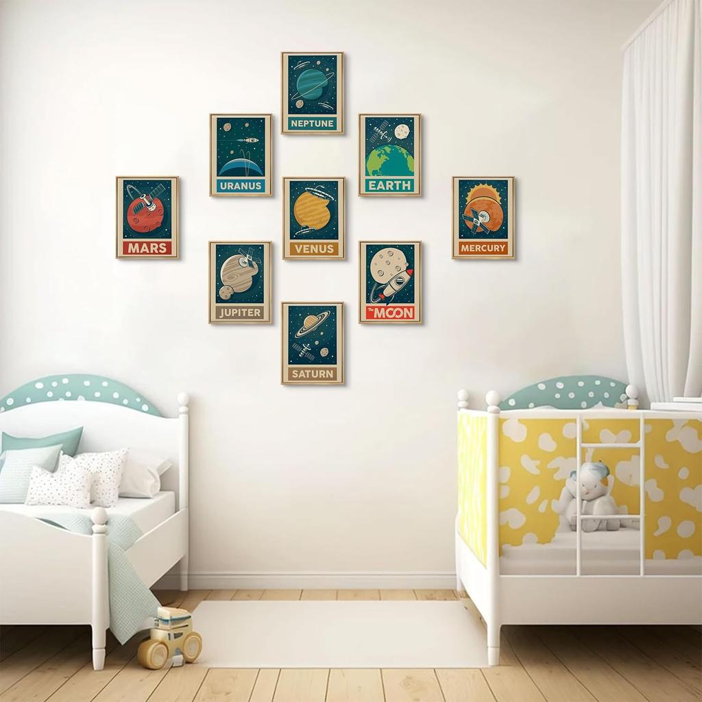 9pcs Retro Solar System Wall Art Nursery Space Pictures Retrospace Galaxy Wall Decor Outer Space Paintings Prints Sci-Fi Planet Posters for Boys
