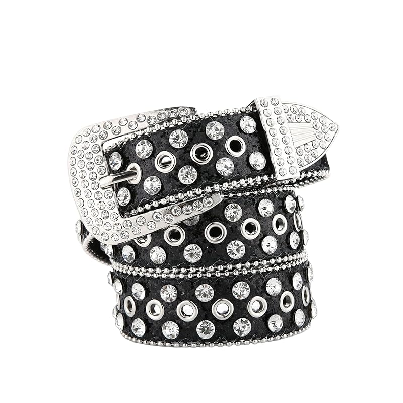 

[Lamerry] bling belt Sparkling rhinestone glaring studded belt western belt metal buckle y2k belt 105cm men s ladies black