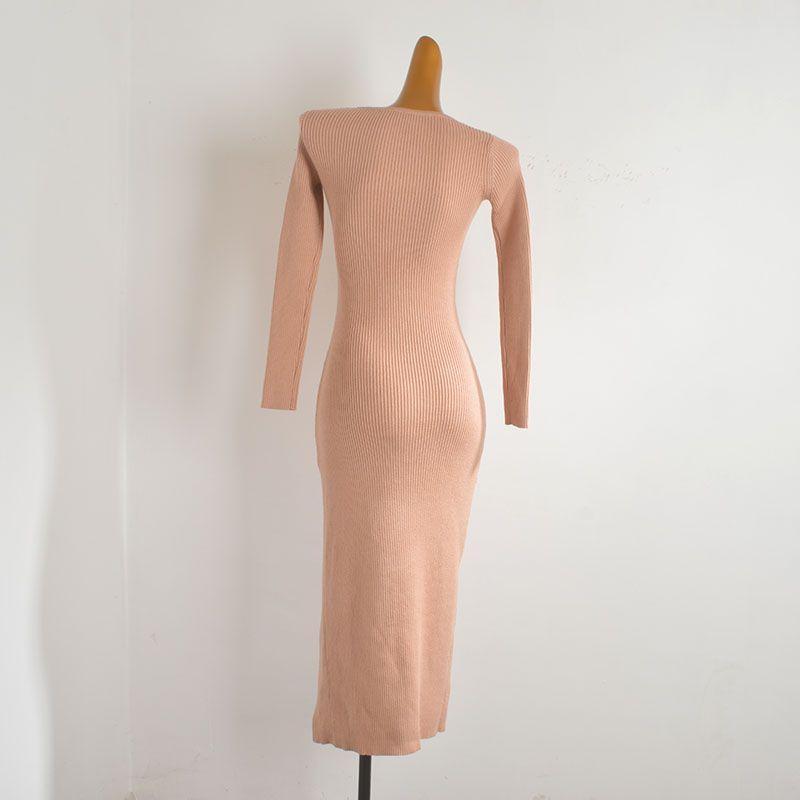 French Sexy Cut Out Long Sleeves Knitting Dress Women's Spring & Fall New Arrival Pure Color Sexy Tight Waist Slimming Slit Dress