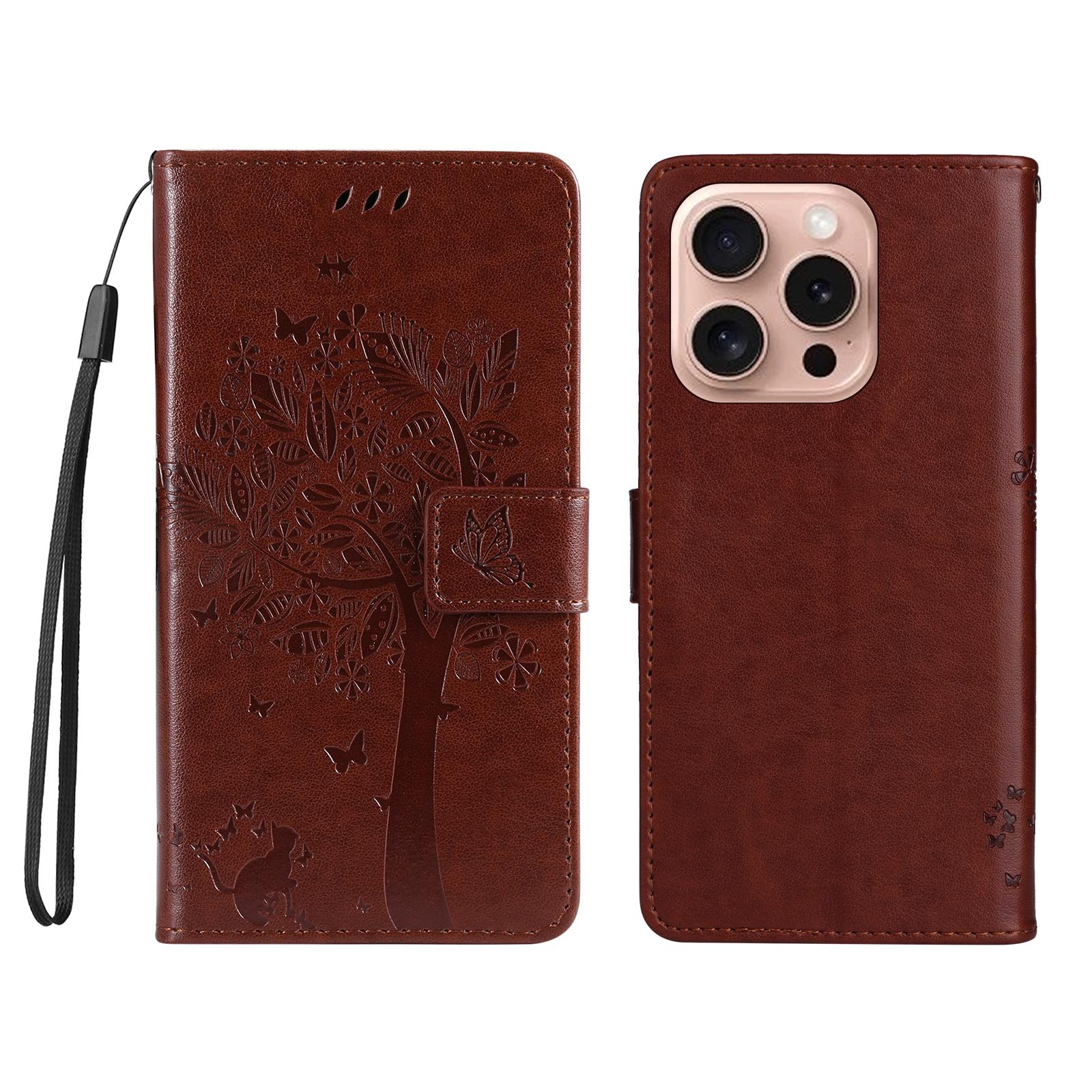 

For iPhone 16 Pro Phone Case with Stand Cat Tree Pattern Leather Wallet Mobile Cover Coffee