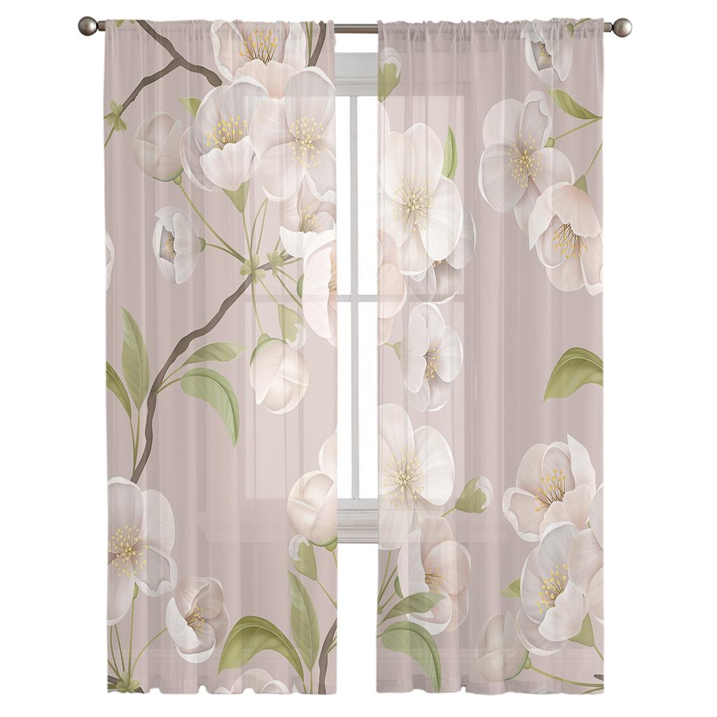 Spring Brown Background Peach Blossom Tulle Curtains For Living Room Home Decor Window Curtain Kitchen Sheer Voile Curtain