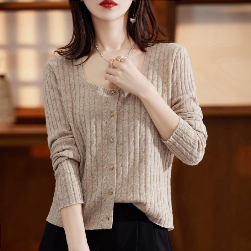 

Женский осенне-зимний новый однотонный вязаный свитер, ретро кардиган с косами, свитер с квадратным вырезом, короткая куртка One Size