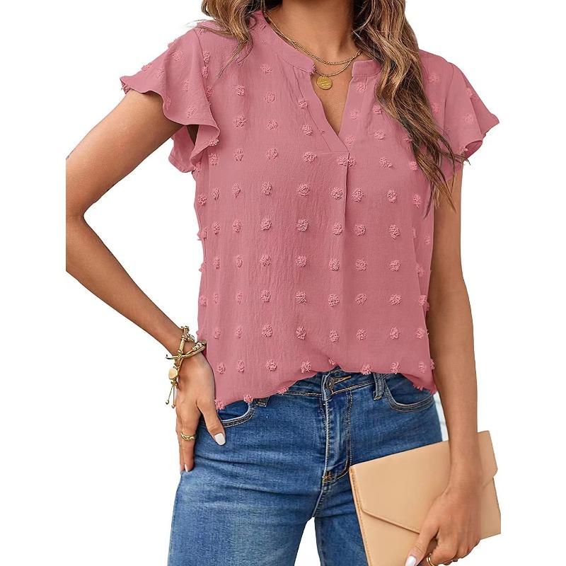 Summer V-neck Floral-sleeved Chiffon Shirt Short-sleeved Women’s T-shirts