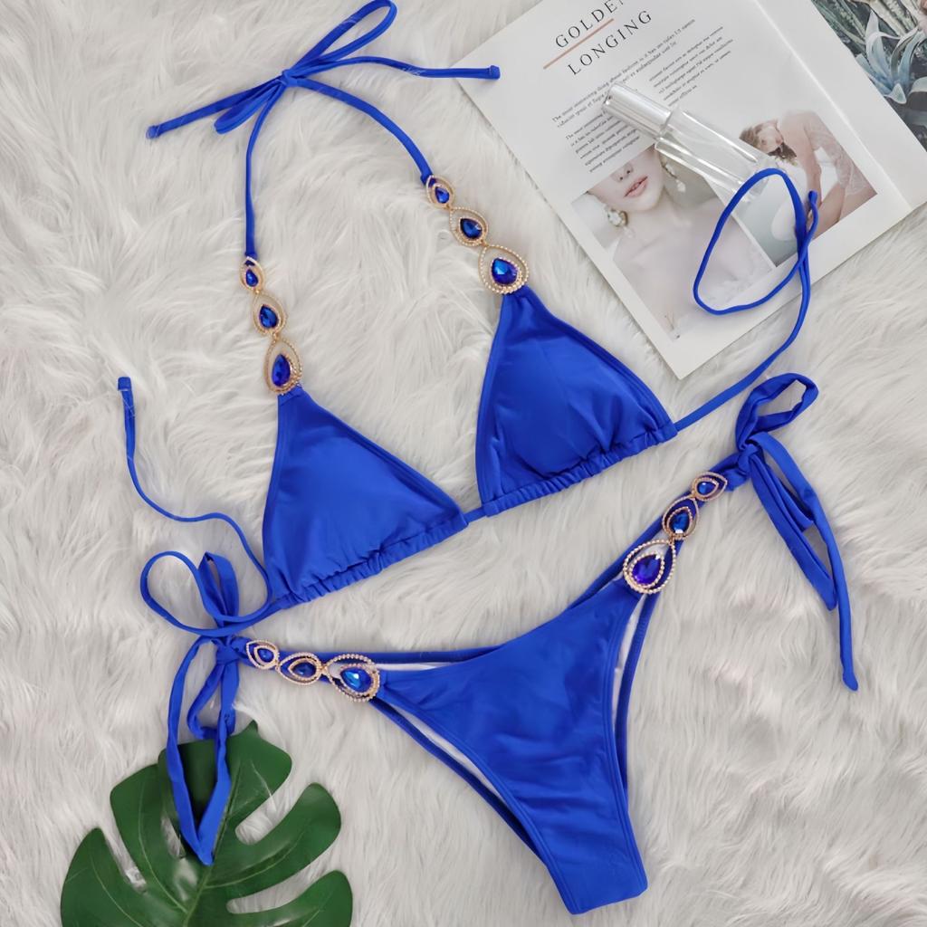 Womens Split Bikini Set Adjustable Tie Side No Steel Bra Swimsuit