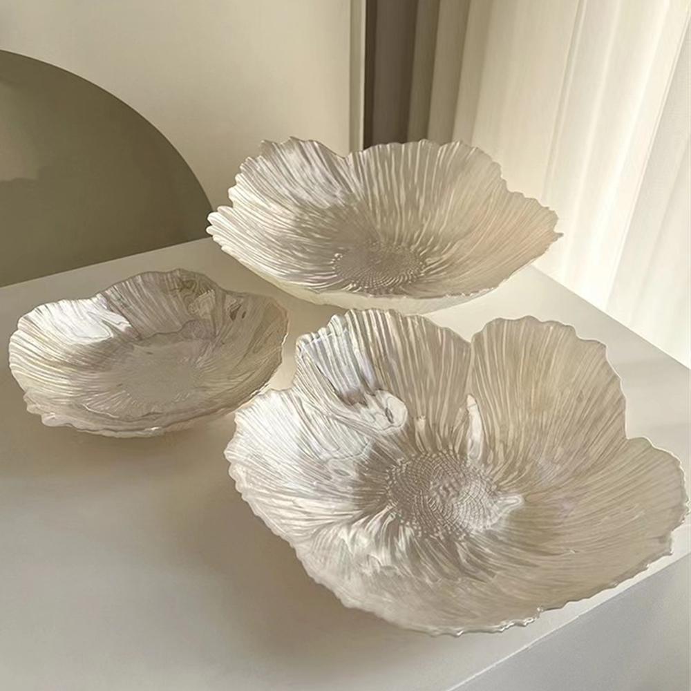 Nordic Style Flower Shape Fruit Plate Household Crystal Glass Pearlescent White Snack Storage Plate Large Capacity