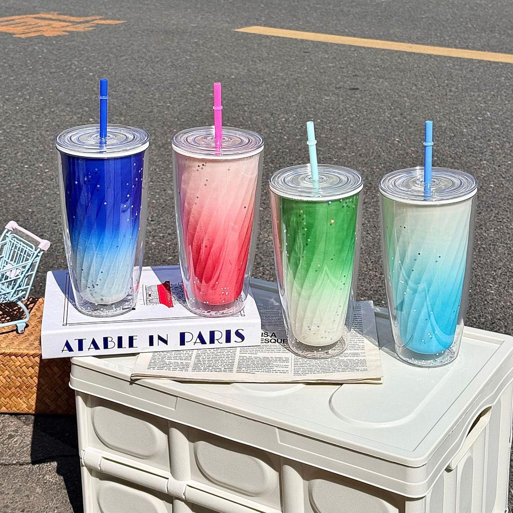 Summer Plastic Water Cup Female High Value Straw Cup, Portable Sports Large Capacity Gradual Change Color Cup