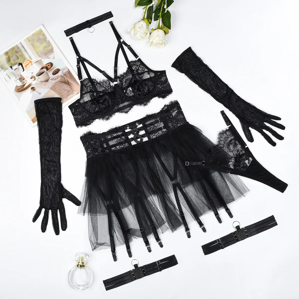 Sexy Lace See Through Mesh Lingerie Women's Solid Fluffy Skirt Six Pieces Underwear Female Sweet Perspective Exotic Apparel Suit