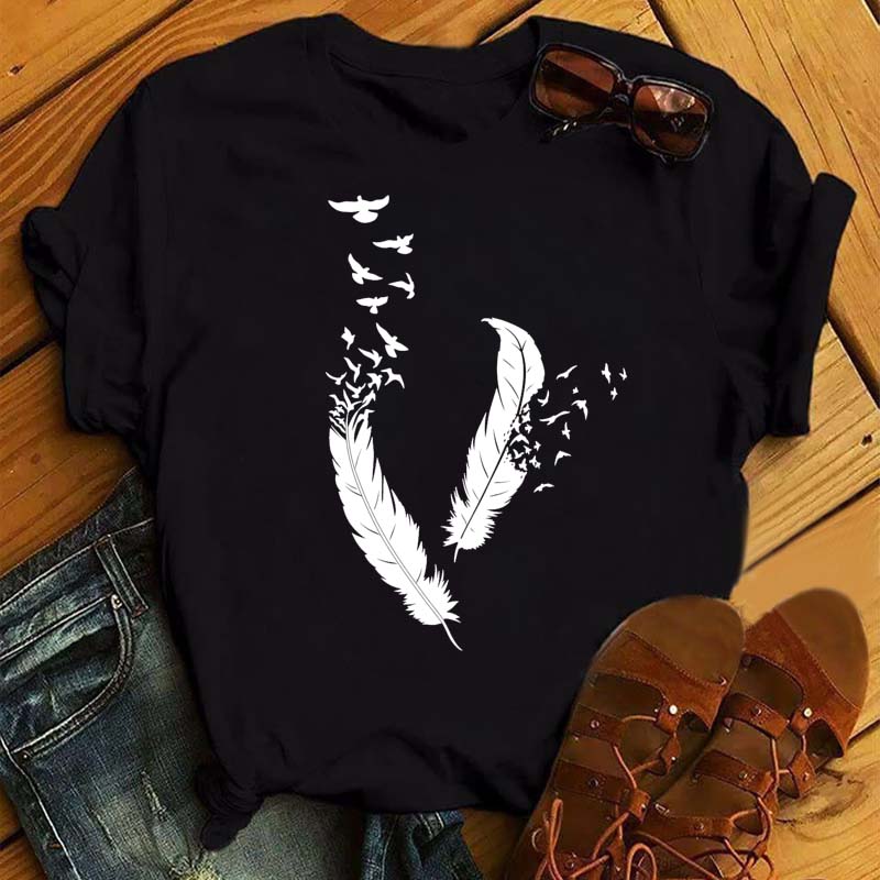Fashion Women T Shirt Funny Butterfly Feather Print Tshirt T Shirt Summer Short Sleeve Tops Tee Female Feather T-shirts