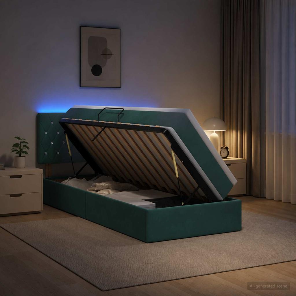 LED Storage Bed with Mattress Dark Green 90 X 200 Cm Velvet