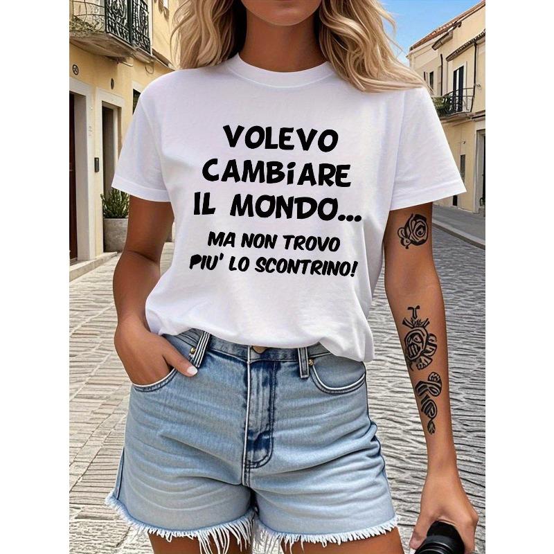 

Women s Volevo Cambiare Il Mondo Print Short Sleeve Crew Neck Summer Casual Tee S белый