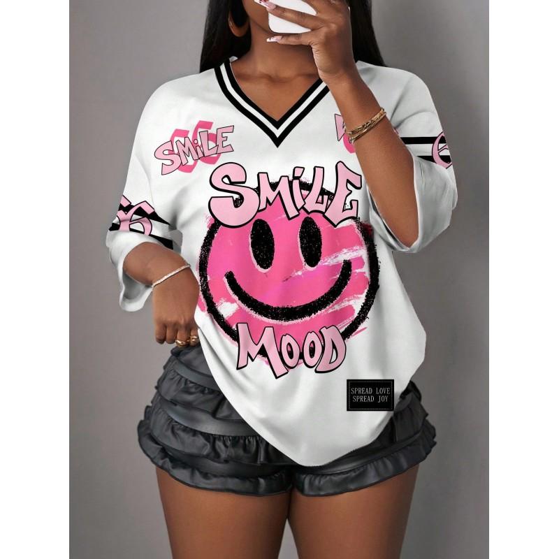 Womens V-Neck Short Sleeve T-Shirt With 3D Digital Print Loose Fit Casual Chic Top 2025