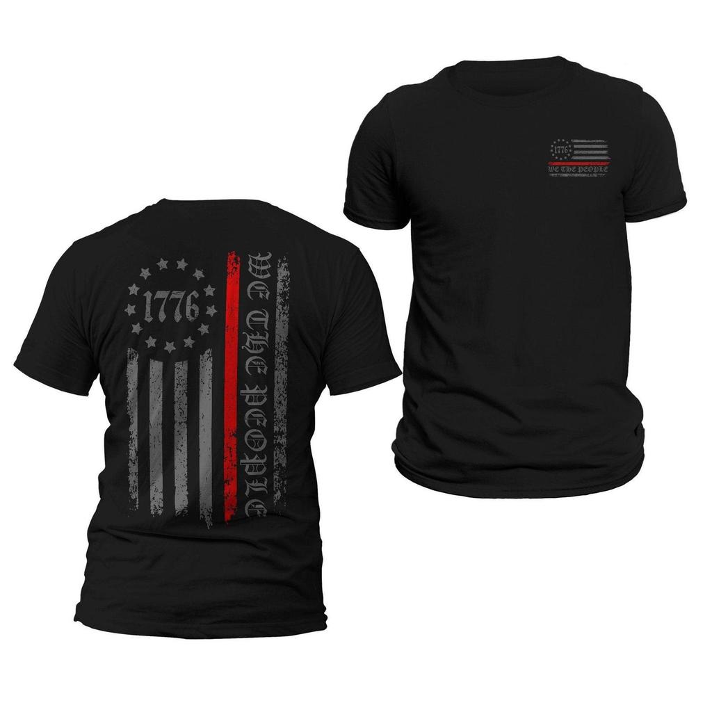 Dünne Rote Linie Flagge Wir Das Volk 1776 Zweiseitiger Druck Feuerwehrmann Herren T-Shirt und Kinder T-Shirt