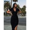 Elegant Office Lady Maxi Dress Women Solid Fashion Turn-down Collar Short Sleeve Button Side Slit Body-Shaping Street Robe