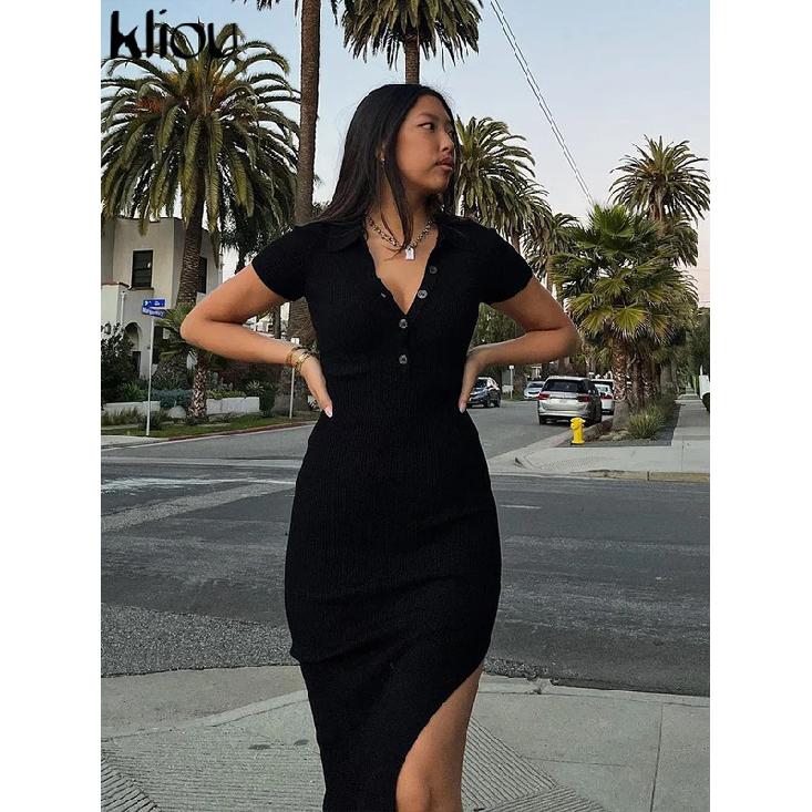 Elegant Office Lady Maxi Dress Women Solid Fashion Turn-down Collar Short Sleeve Button Side Slit Body-Shaping Street Robe