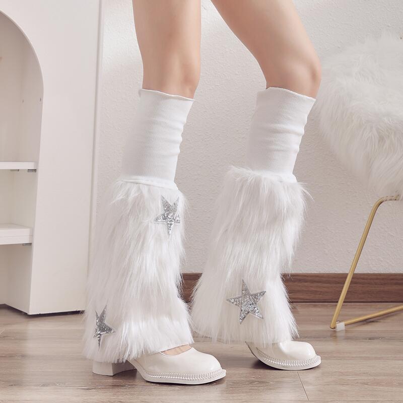 Plush Leg Covers Autumn and Winter Cold Protection Warm Calf Socks Thickened Jk Long Tube Fur Shoe Covers Cute Star Over The Knee Socks