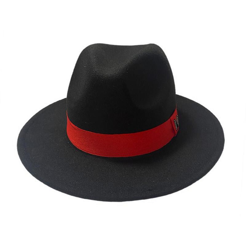 Moda Sombreros Jazz Fedora de Fieltro de Lana Negro por Fuera y Rojo por Dentro con Hebilla de Cinturón Delgado Hombres Mujeres Ala Ancha Gorra Panama Trilby 56-58CM