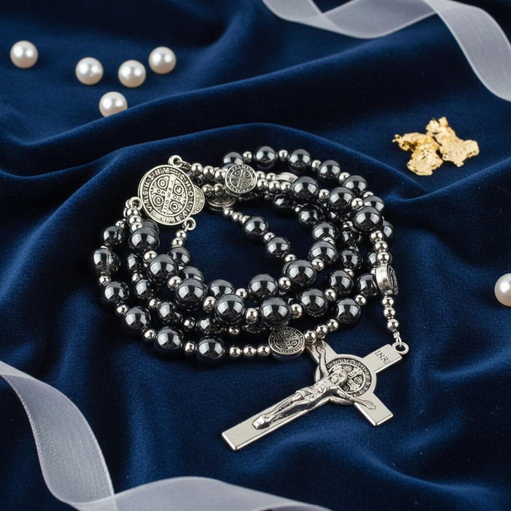Cross necklace with stainless steel beads and St. Benedict beads, cross design, perfect for everyday wear