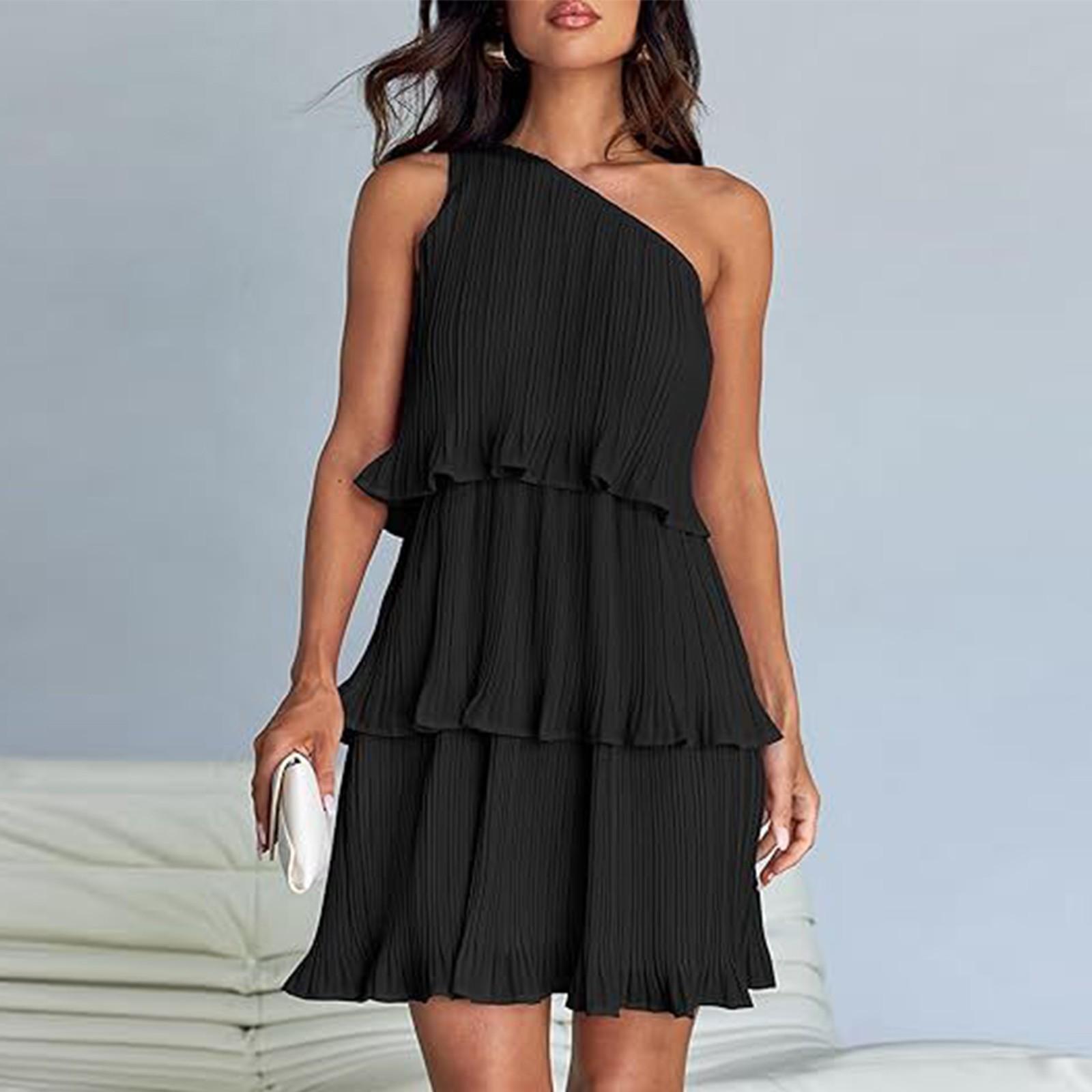 

Жіноча літня сукня без рукавів 2024 року в стилі бохо, одно плече, рюші, багатошарові шифонові струмуючі сукні А-силуету S чорний