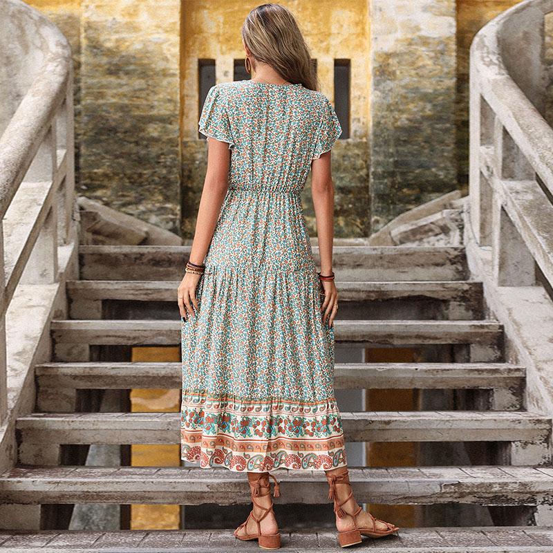 YYFS Women's Vintage Bohemia Summer Spring Floral Print Short Sleeve V-Neck High Waist Casual Dresses