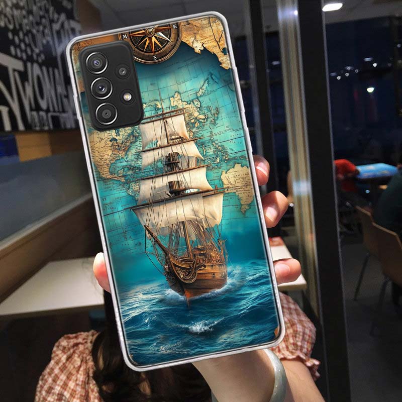 Compass Map Voyage Phone Case for Samsung A54 A57 A37 A17 A14 A15 A12 A24 A34 A55 A35 A25 A52S A07 A05S A04S A22 A32 A72 Galaxy