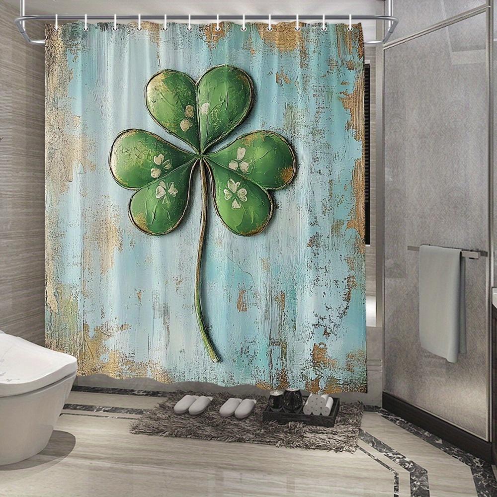 

Rustic Four-Leaf Clover Shower Curtain - Hand-Painted Clovers, White Flowers, Distressed Turquoise, Vintage Style, Polyester W90xH180cm