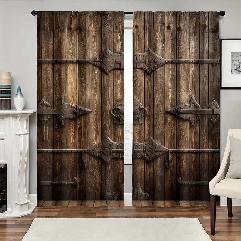 3D 2pcs Light Colour Wooden Door Printed Curtain For Home Decor Rod Pocket Window Treatment For Bedroom,Office,Kitchen,Living Ro