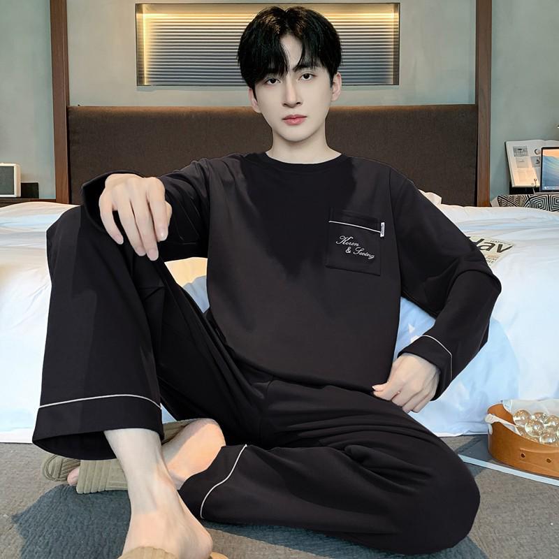 Męski bawełniany zestaw piżamowy z długim rękawem - Casualowy, luźny krój, plus size, styl koreański na jesień i wiosnę