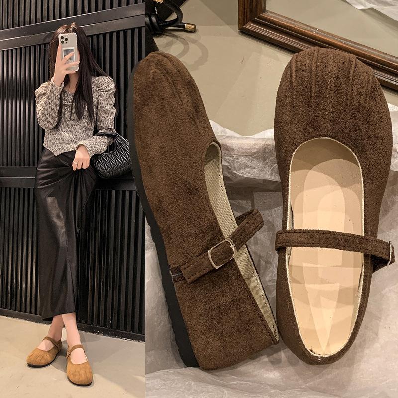 Flat-bottomed suede Mary Jane single shoes women's new spring and autumn retro shallow mouth French gentle evening shoes