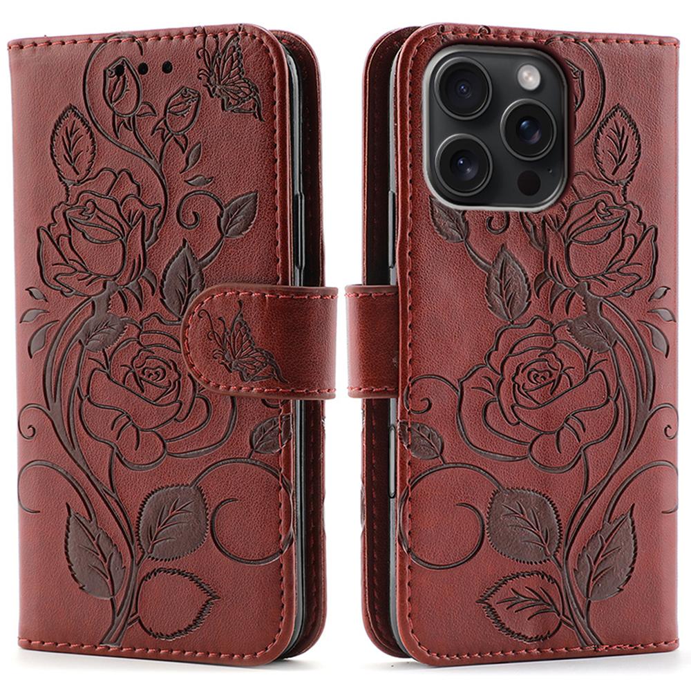For iPhone 16 Pro Case Wallet Stand Imprinted Rose Butterfly PU Leather Phone Cover