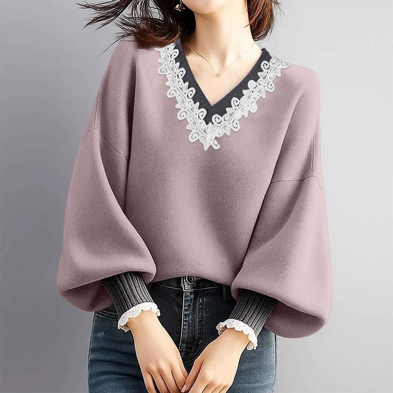 

ZANZEA Женские повседневные пуловеры с V-образным вырезом, длинным рукавом и кружевной вставкой M светло-розовый