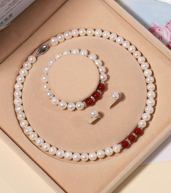 Zhuji Süßwasserperlen-Halskettenset für Damen - Echte Perlen Schlüsselbeinkette - Muttertagsgeschenk