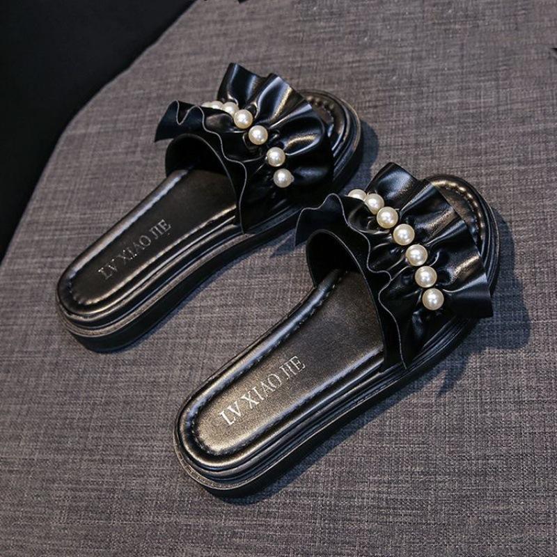 

2025 new casual pearl cool slippers women s summer wear small fresh pleated thick-bottomed open-toed beach slippers 40 чёрный