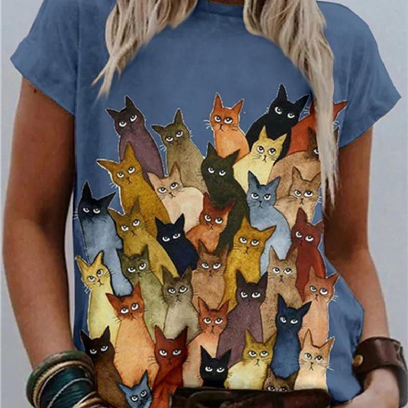 

Новые модные женские уличные хипстерские футболки с 3D абстрактным рисунком кота, повседневные свободные топы с короткими рукавами и круглым вырезом, летние