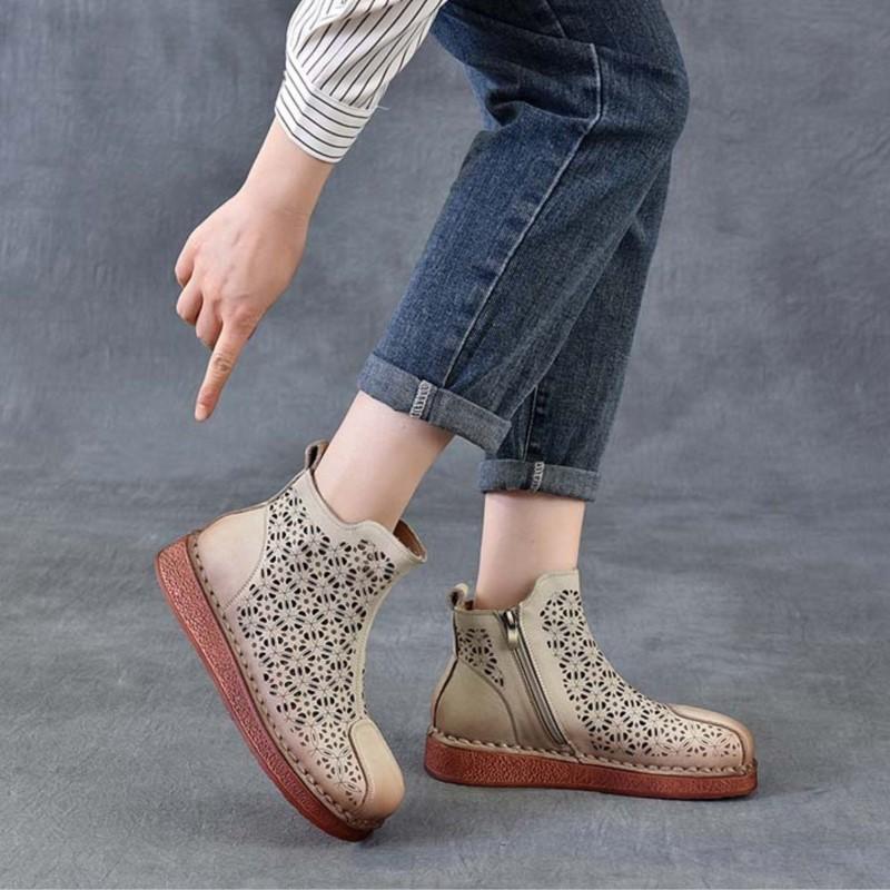 Johnature Ethnic Style Retro Soft Soled Hollow Out Boots Versatile Genuine Leather Flat Women's Sandals