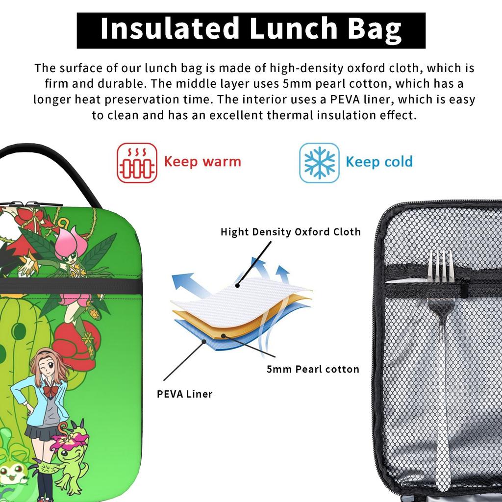 Anime Digimon Adventure Palmon Lunch Bag Vintage Travel Lunch Box Print Portable Insulated Tote Food Bags