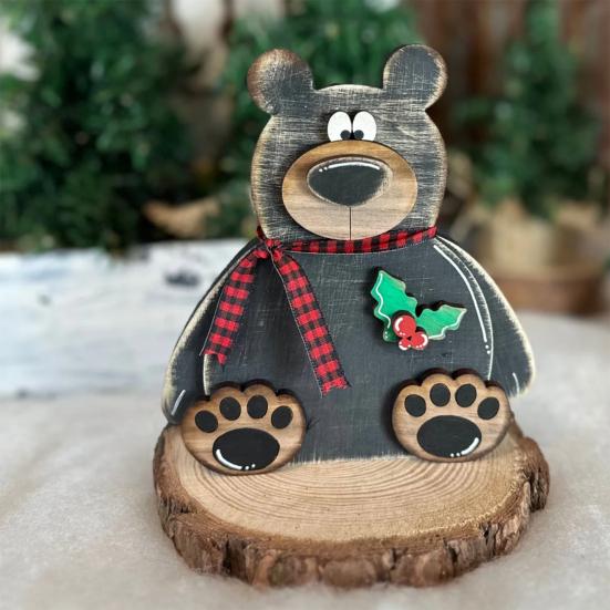 Christmas Bear Ornament Wooden Block Rustic Bear Sign Cartoon Xmas Bear Decoration Centerpiece for Table Desk Shelf Mantel Cabinet