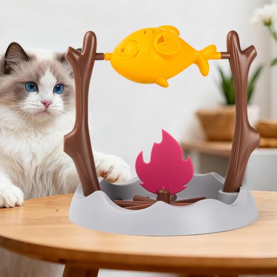 Drehender Fisch Katzenleckerli-Spender Interaktives Gegrillter Fisch über Lagerfeuer Katzenspielzeug Spaß Langsamfresser Enrichment-Spielzeug für Wohnungskatzen Spieltraining