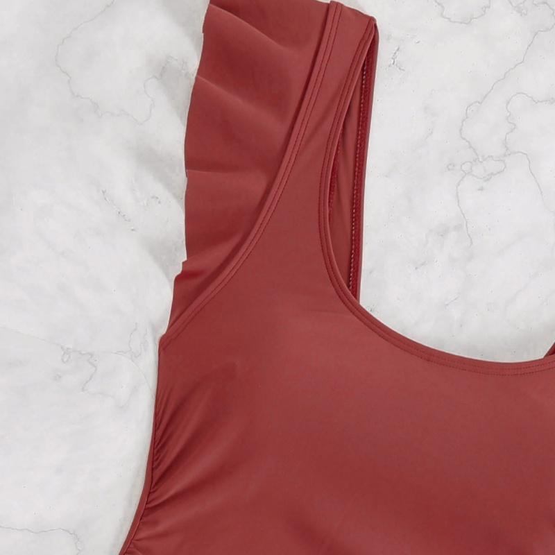 2025 Ruffle Sleeve One Piece U Neck Swimsuit Women Solid Beach Dress Swimwear Female Bathers Swimming Bathing Bodysuit Summer