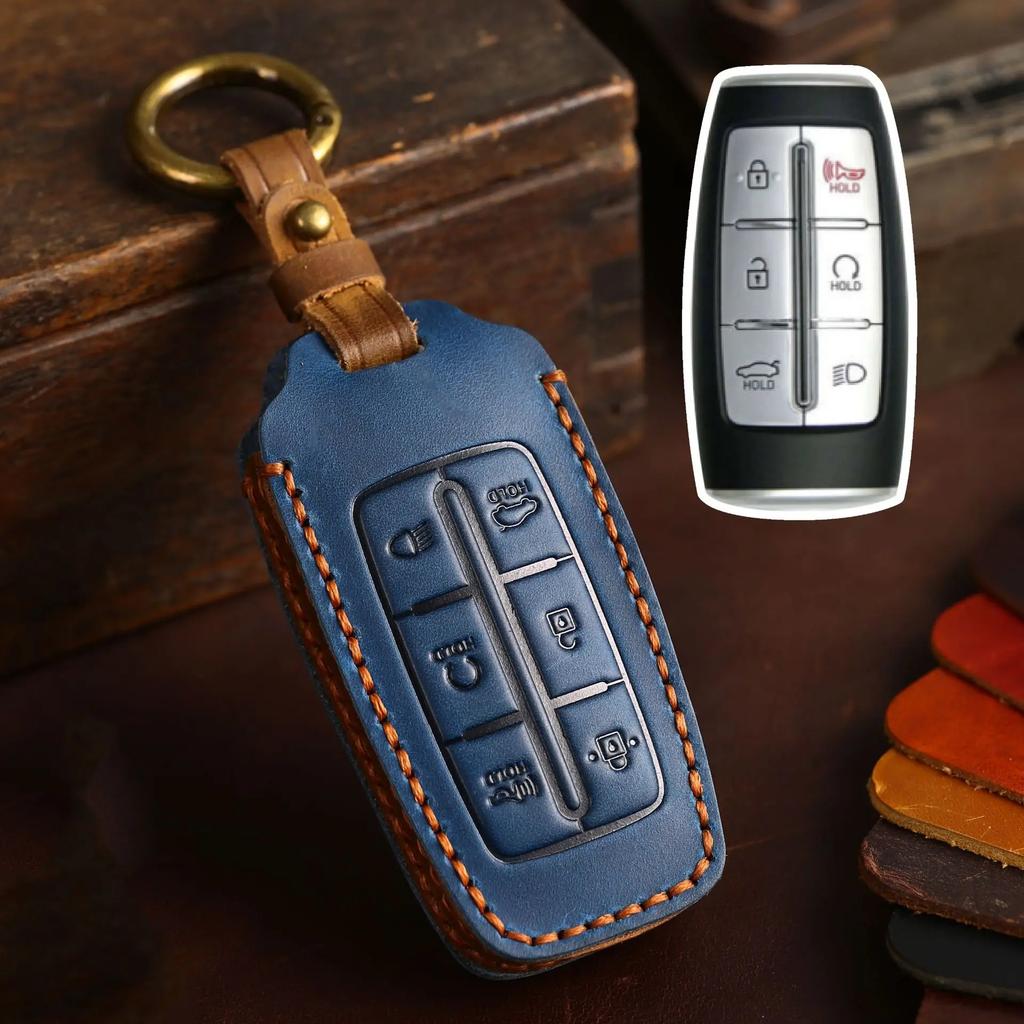Top Grain Leather Key Cover for Genesis GV70 GV80 G90 - 4/6/8 Button Options w/ Metal Ring, Full Enclosed Anti-Scratch Protector