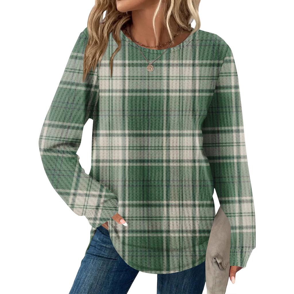 Women's Plaid Print Round Neck Long Sleeve Casual Loose Top