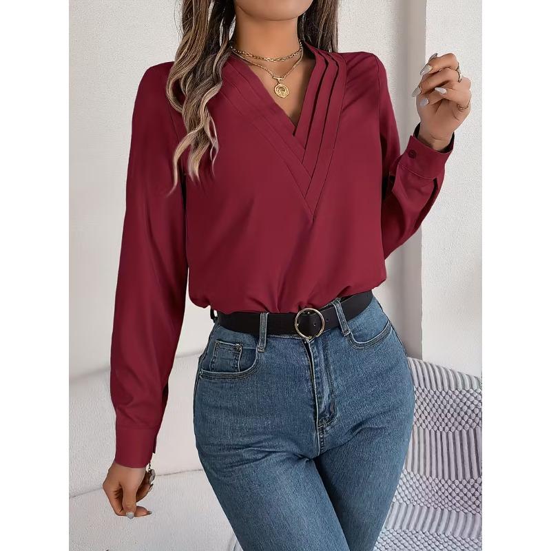 Womens Dressy Casual Shirts Long Sleeve Layered V Neck Solid Elagant Tops Fall Winter Preppy Business Office Blouse